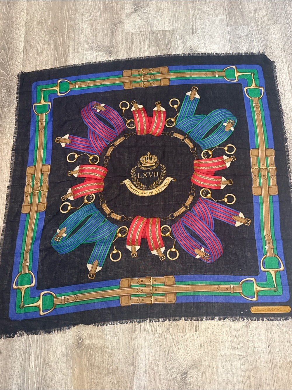 Lauren Ralph Lauren Black Silk-Effect Scarf with Red, Green & Blue Equine Motifs
